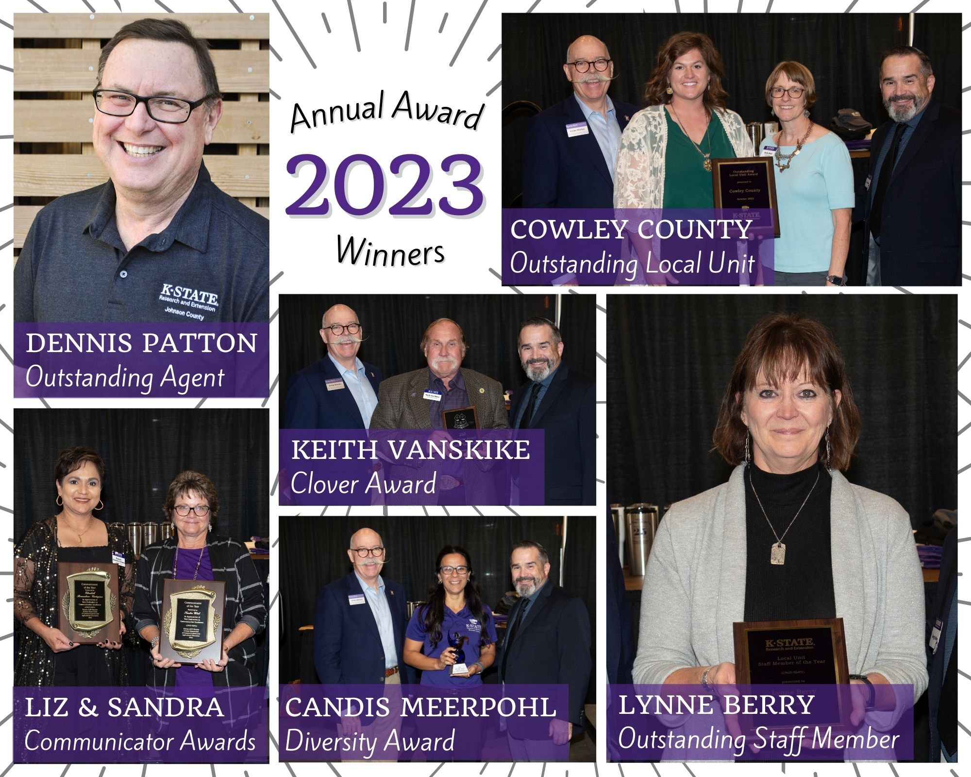 Collage of 2023 award winners.  Below their photos, each winner is named along with their award.  This information can be found in the list below.