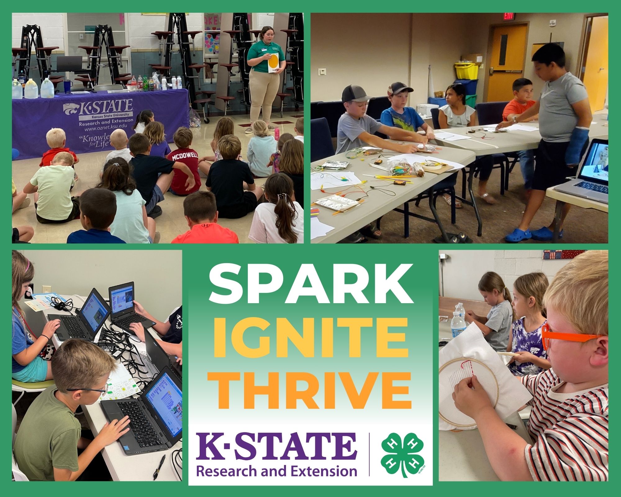 Collage titled "Spark, Ignite, Thrive.  KSRE 4-H."  There are four photos of projects accomplished with this grant. They are as follows: school-age children sitting at a table using lap tops. young children watching an intern present information about healthy food choices.  Older children working together on a project with wires.  A preschool age child learning to sew on an embroidery hoop.