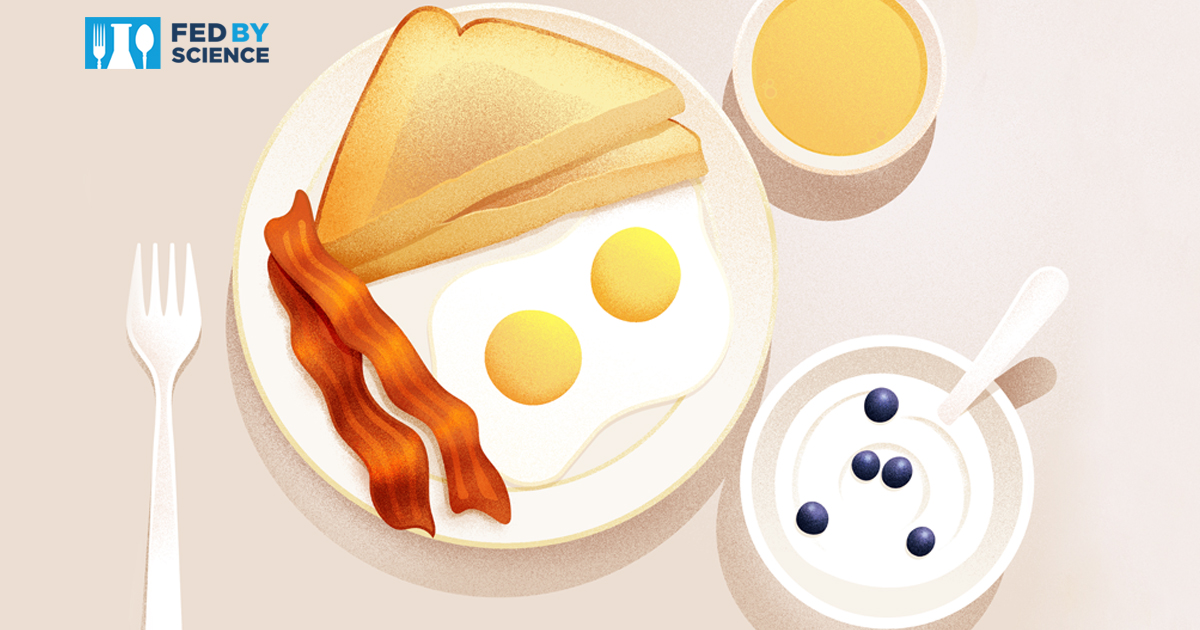 Fed By Science illustration of breakfast plate with toast, eggs, juice, bacon
