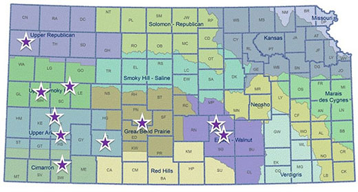 Kansas Map with stars denoting Water Tech Farms