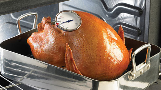 Thanksgiving turkey in the oven with meat thermometer