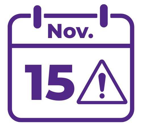 Purple calendar with a warning sign next to the date November 15.