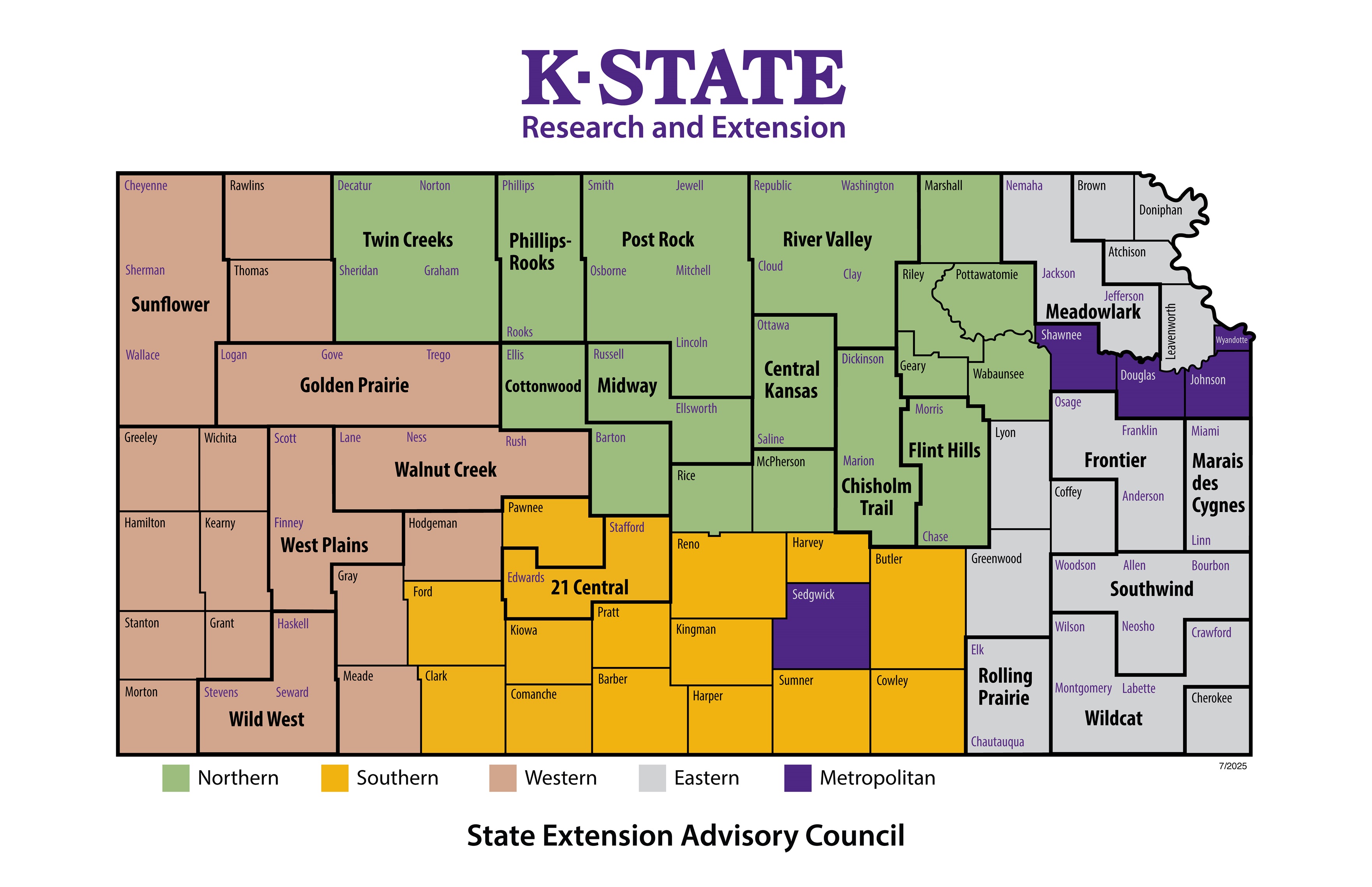 A color-coded map of the SEAC representation regions. A list of the local units in each region is provided above.