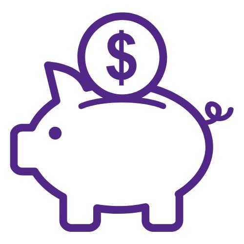 Purple piggy bank with money being added.