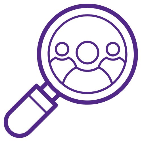 Purple magnifying glass being used to find people.