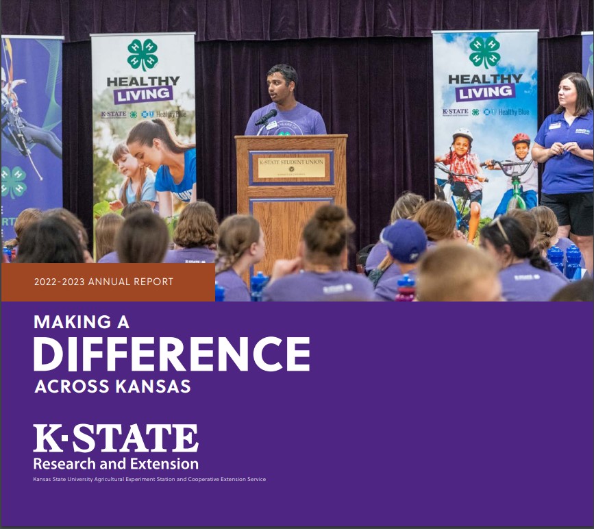 Cover page for the 2022-2023 annual Making a Difference accross Kansas report from K-State Research and Extension. The photo on the cover is a teen speaking at a podium about Healthy Living and 4-H.