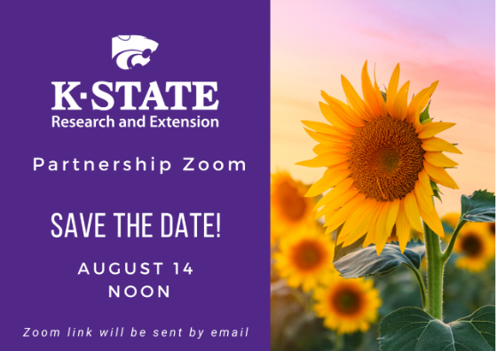 Save the date card a sunflower. The next KSE Partnership Zoom will be held August 14 at Noon. A Zoom link will be sent by email.