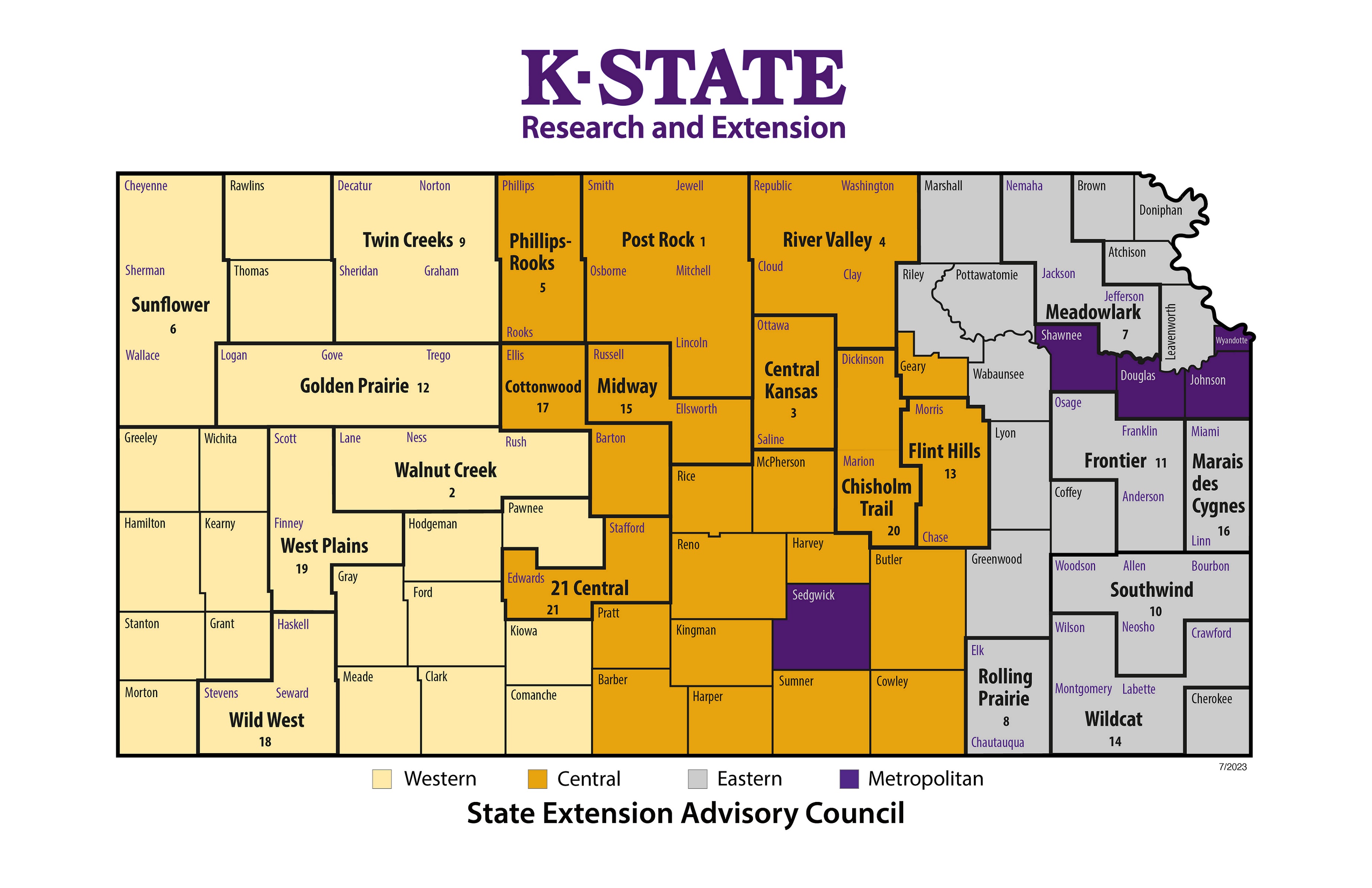 K-State Research and Extension local unit map, highlighting the SEAC regions: Western, Central, Eastern, and Metropolitan