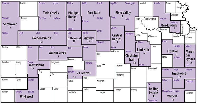 map showing Kansas counties and extension districts