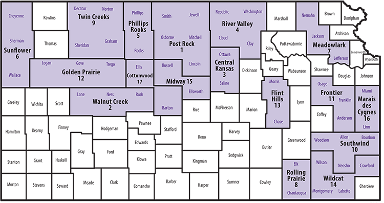 map showing Kansas counties and extension districts