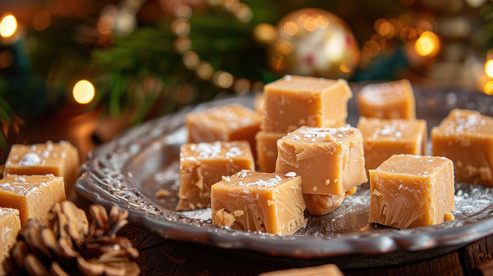 closeup of fudge on a plate with holiday decorations closeup of fudge on a plate with holiday decorations