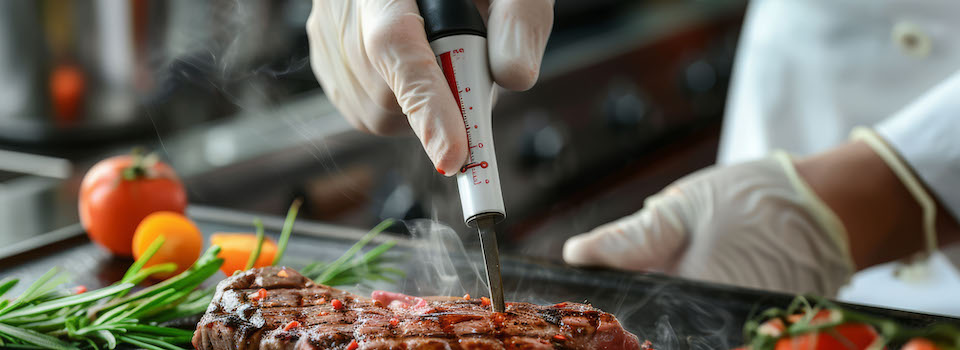Food thermometer measuring the temperature of a steak. Food thermometer measuring the temperature of a steak.