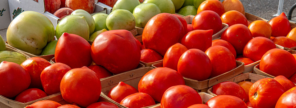 Closeup, green and red tomatoes on a stand at the farmers market