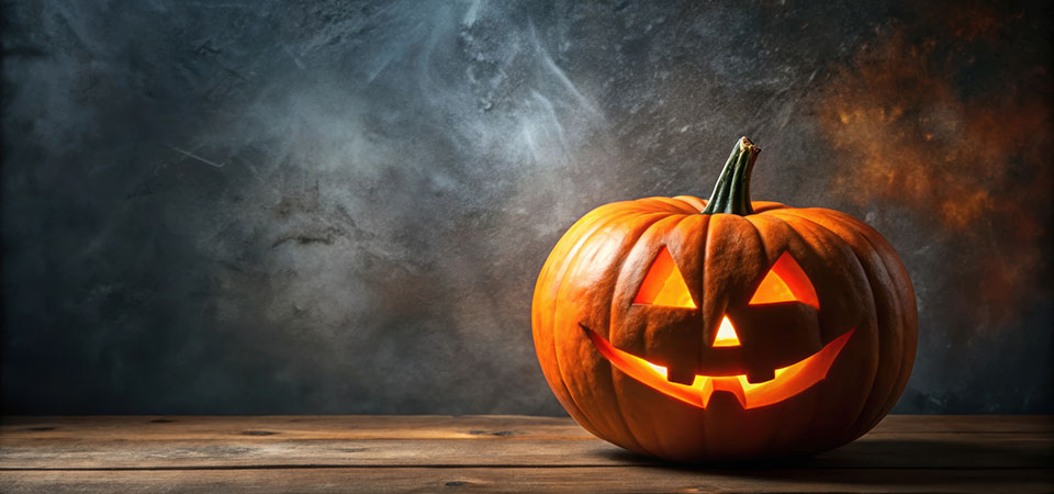lighted jack-o-lantern sitting on a table with dark background lighted jack-o-lantern sitting on a table with dark background