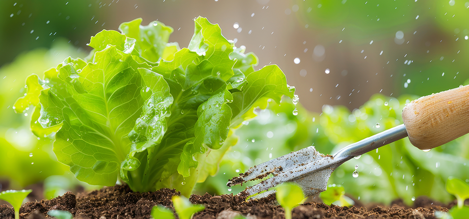 Closeup, spade taking lettuce out of the soil