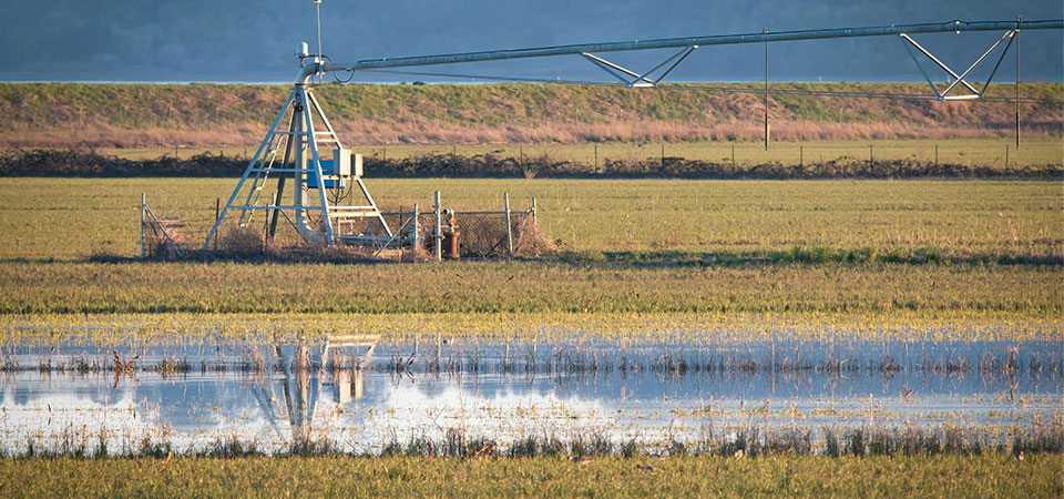 partially flooded farm field with center pivot irrigation sprinkler