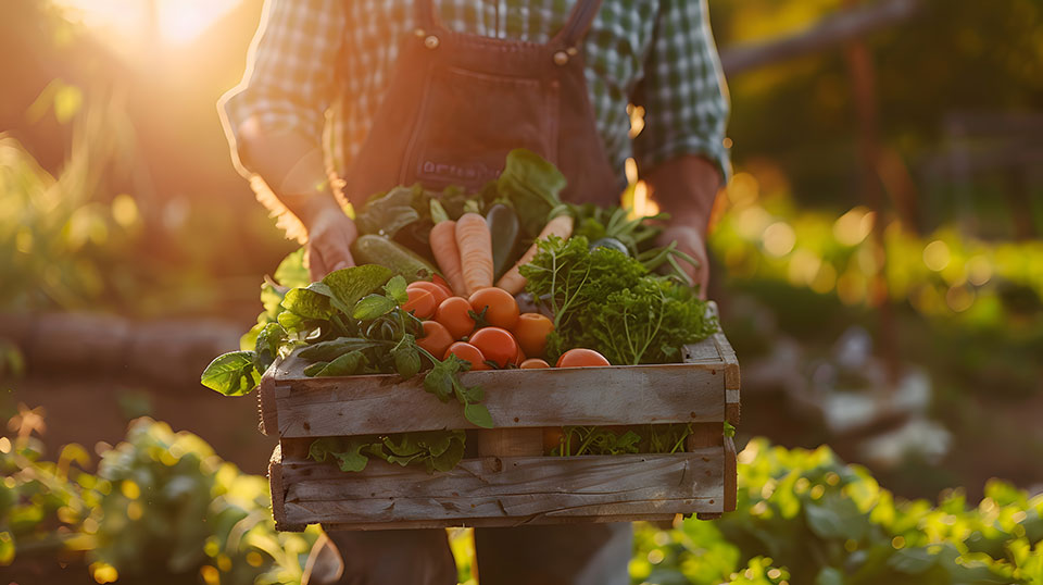 closeup of man in overalls carrying crate of garden foods closeup of man in overalls carrying crate of garden foods