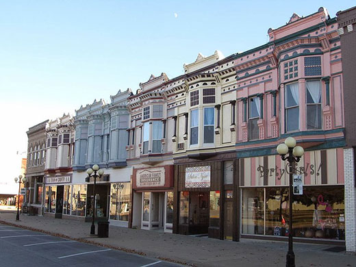 view of main street store fronts in Iola, Kansas