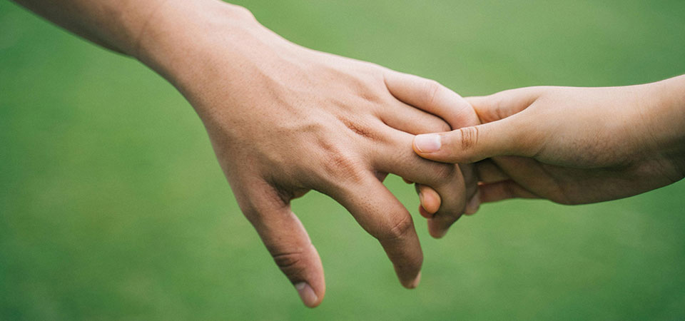 Closeup of holding hands with bright green grass in the background