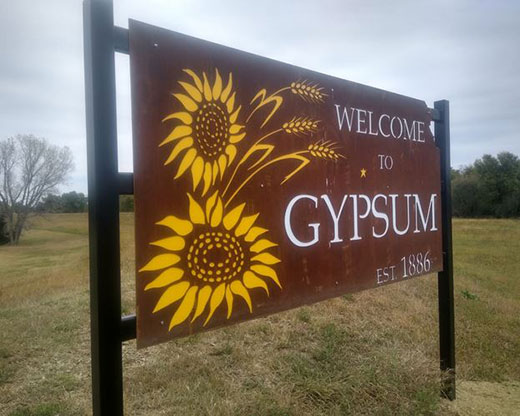 Welcome sign, Gypsum, Kansas