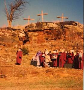 pawnee rock with three crosses on horizon
