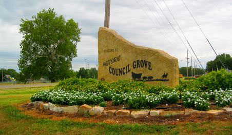 Welcome sign entering Council Grove, Kansas