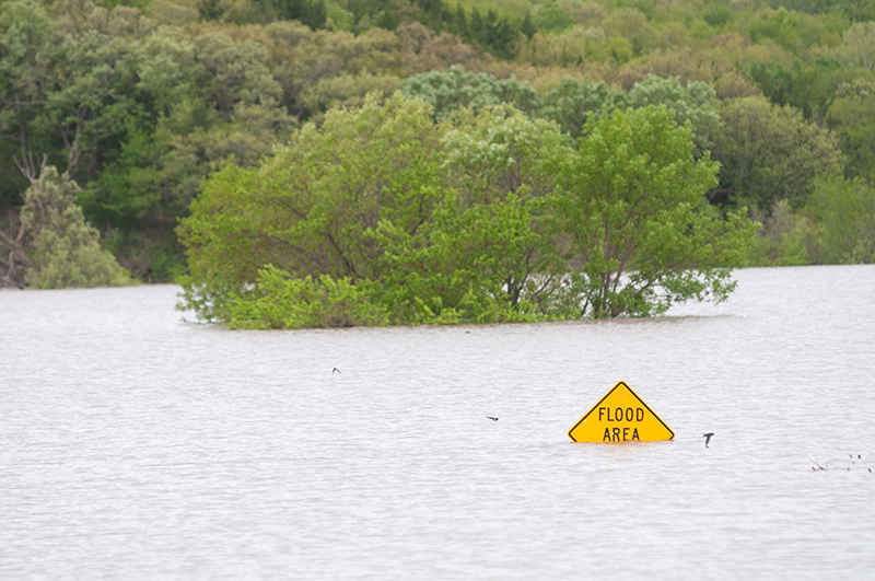 A "flood area" sign is partially submerged at Fancy Creek near Tuttle Creek Reservoir north of Manhattan, Kanasas.