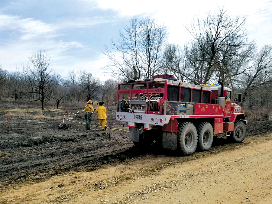 Members of the Marion County Wildland Fire Task Force work on a progressive hose lay. Fourteen members of the task force participated in the dispatch exercise for the Kansas Forest Service Hazardous Fuels Mitigation Project on March 26, 2019.
