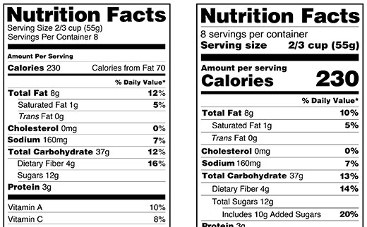 Side-by-side comparison, old and new nutrition labels