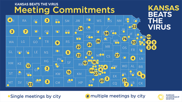 Map of Kansas showing the number and locations of Kansas Leadership Center meetings to talk about public health amid the coronavirus pandemic.